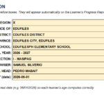School details and basic information setup sheet for Grade 1 Learner's Progress Report