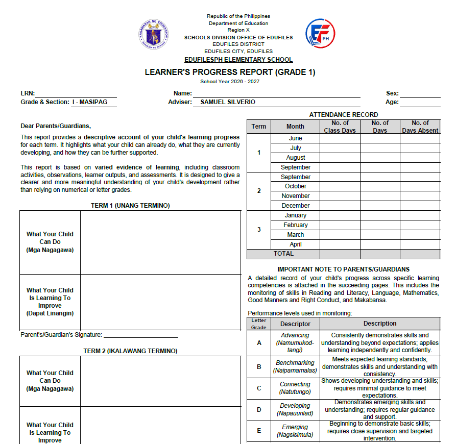 DepEd Automated Learner's Progress Report card and attendance record with descriptive performance levels (A–E) for Grade 1