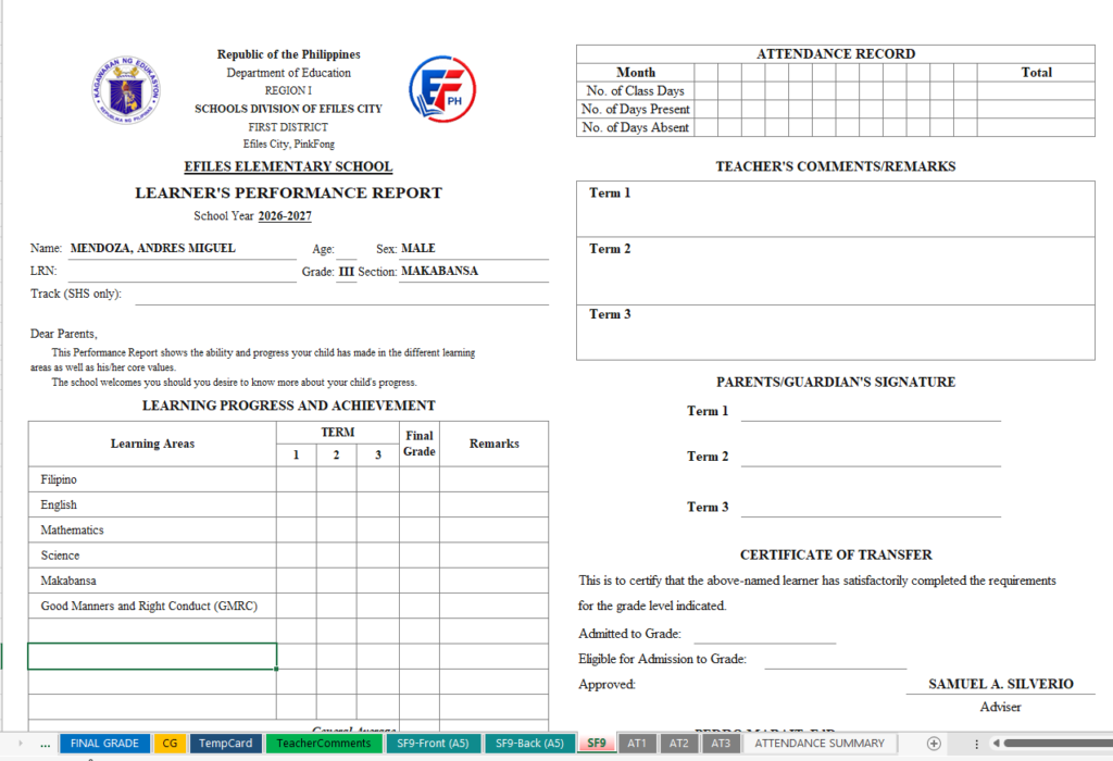 DepEd School Form 9 (SF9) Single Page Landscape Learner's Performance Report for Grade 3