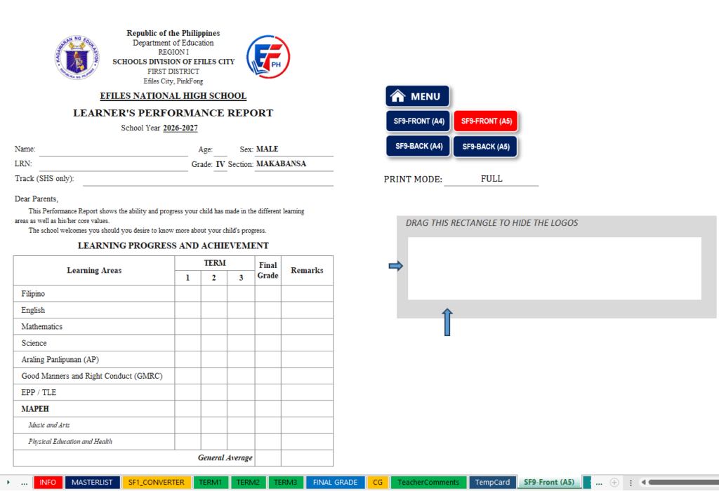 DepEd School Form 9 (SF9) Front Page in A5 printable format for Key Stage 2 Grades 4 to 6