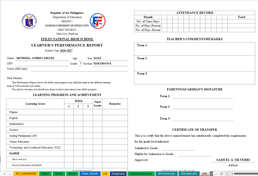 DepEd School Form 9 (SF9) Single Page Landscape Learner's Performance Report for Key Stage 3 Grades 7 to 10